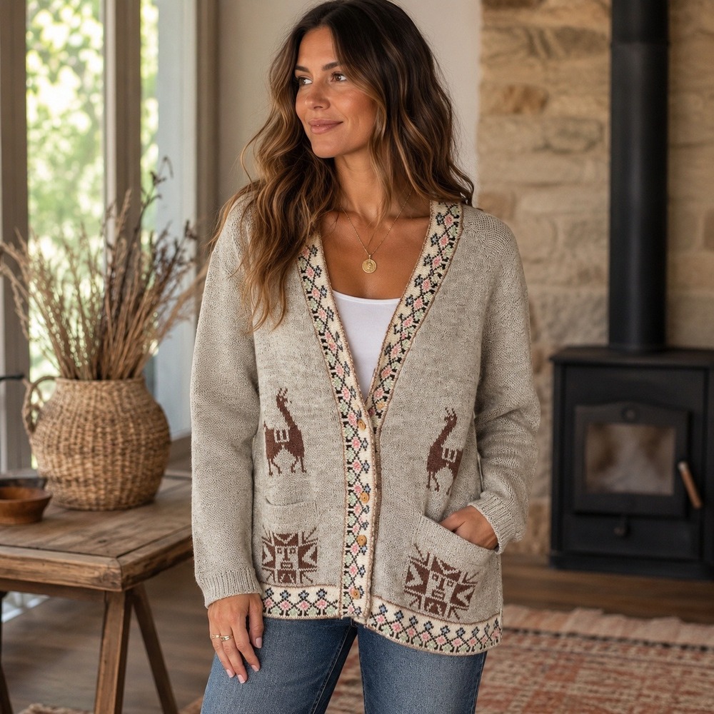 Vintage Llama Intarsia Knit Cardigan Sweater Womens Medium Grey Wool Folk Art